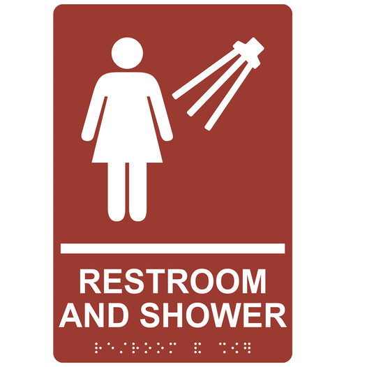 Canyon ADA Braille Women's RESTROOM AND SHOWER Sign with Symbol RRE-14823_White_on_Canyon