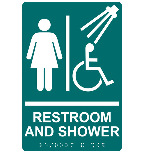 Bahama Blue ADA Braille Accessible Women's RESTROOM AND SHOWER Sign with Symbol RRE-14824_White_on_BahamaBlue