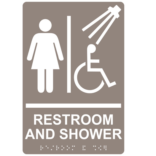 Taupe ADA Braille Accessible Women's RESTROOM AND SHOWER Sign with Symbol RRE-14824_White_on_Taupe