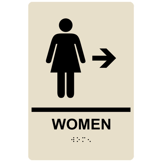 Almond ADA Braille WOMEN Restroom Right Sign with Symbol RRE-14854_Black_on_Almond
