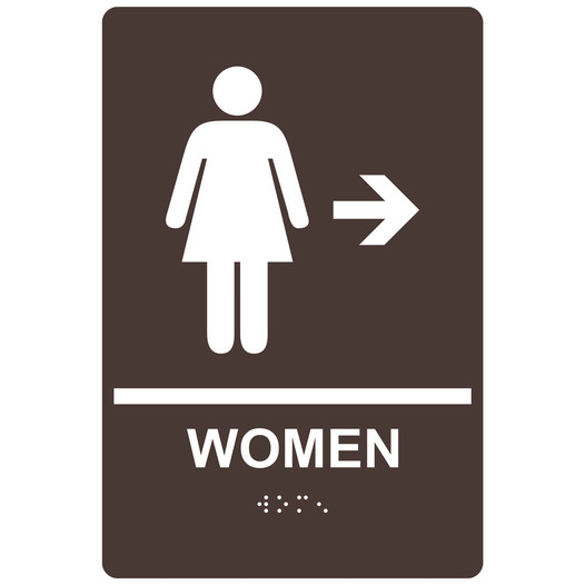 Dark Brown ADA Braille WOMEN Restroom Right Sign with Symbol RRE-14854_White_on_DarkBrown