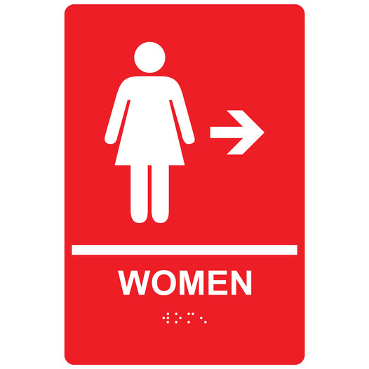 Red ADA Braille WOMEN Restroom Right Sign with Symbol RRE-14854_White_on_Red