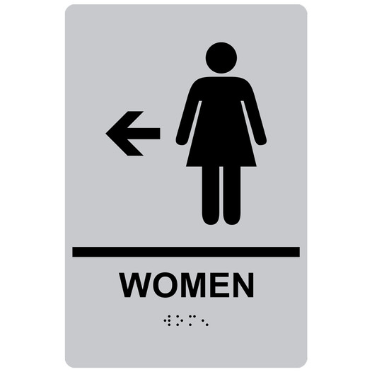 Silver ADA Braille WOMEN Restroom Left Sign with Symbol RRE-14855_Black_on_Silver