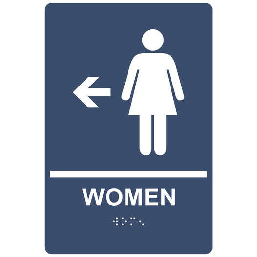 Navy ADA Braille WOMEN Restroom Left Sign with Symbol RRE-14855_White_on_Navy