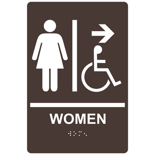 Dark Brown ADA Braille Accessible WOMEN Restroom Right Sign with Symbol RRE-14856_White_on_DarkBrown