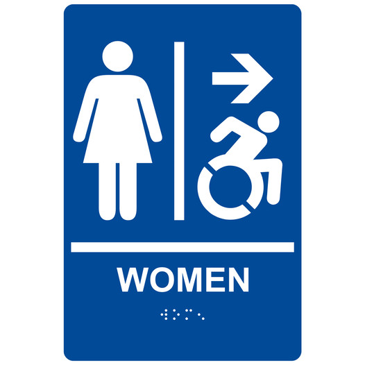 Blue Braille WOMEN Restroom Right Sign with Dynamic Accessibility Symbol RRE-14856R_White_on_Blue