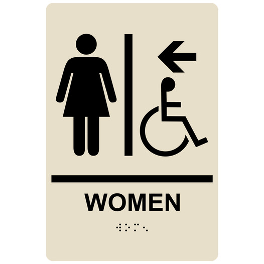 Almond ADA Braille Accessible WOMEN Restroom Left Sign with Symbol RRE-14857_Black_on_Almond