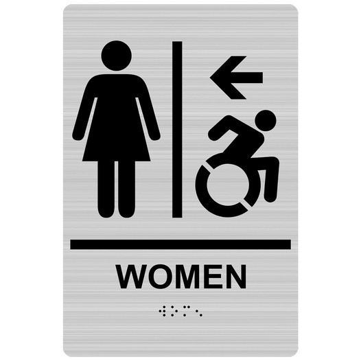 Brushed Silver Braille WOMEN Restroom Left Sign with Dynamic Accessibility Symbol RRE-14857R_Black_on_BrushedSilver
