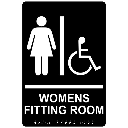 Black ADA Braille Accessible WOMENS FITTING ROOM Sign with Symbol RRE-19942_White_on_Black