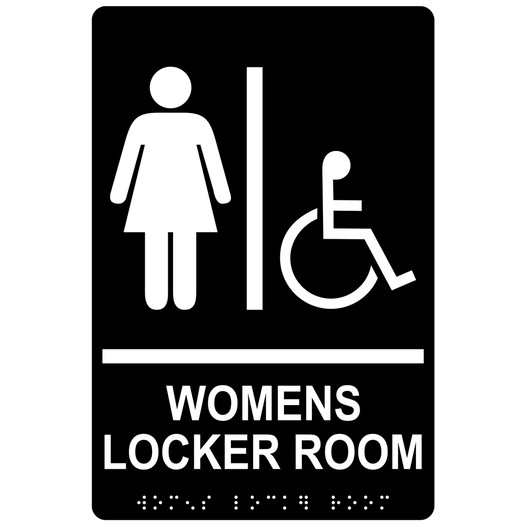 Black ADA Braille Accessible WOMENS LOCKER ROOM Sign with Symbol RRE-19964_White_on_Black