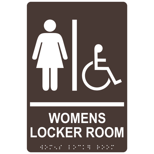 Dark Brown ADA Braille Accessible WOMENS LOCKER ROOM Sign with Symbol RRE-19964_White_on_DarkBrown
