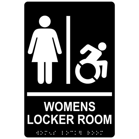 Black Braille WOMENS LOCKER ROOM Sign with Dynamic Accessibility Symbol RRE-19964R_White_on_Black