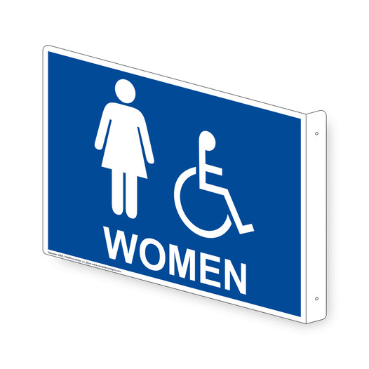 Projection-Mount Blue Accesible WOMEN Restroom Sign With Symbol RRE-7040Proj-White_on_Blue