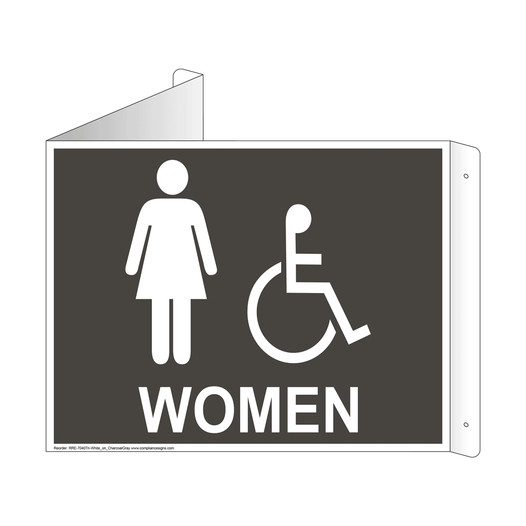 Charcoal Gray Triangle-Mount Accessible WOMEN Restroom Sign With Symbol