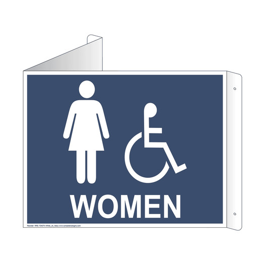 Navy Triangle-Mount Accessible WOMEN Restroom Sign With Symbol