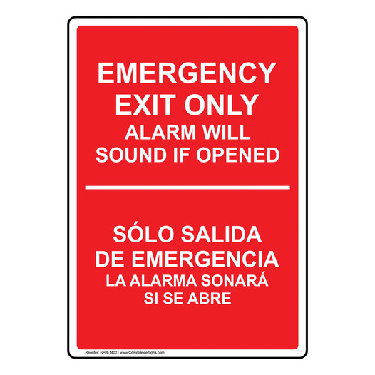 Emergency Exit Only Alarm Will Sound Bilingual Sign NHB-14001