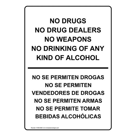 No Drugs Dealers Weapons Drinking Bilingual Sign NHB-8306