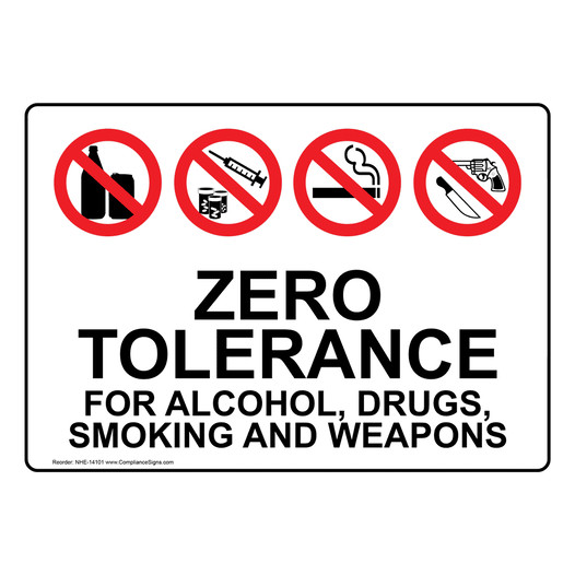Zero Tolerance For Alcohol, Drugs, Smoking And Weapons Sign NHE-14101