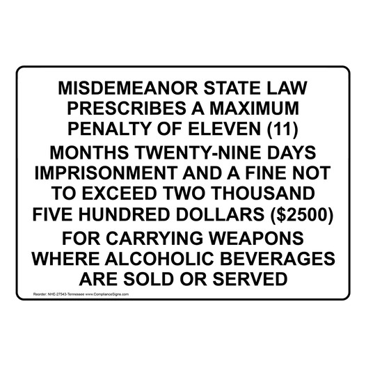 Tennessee WEAPONS FINE Sign NHE-27543-Tennessee