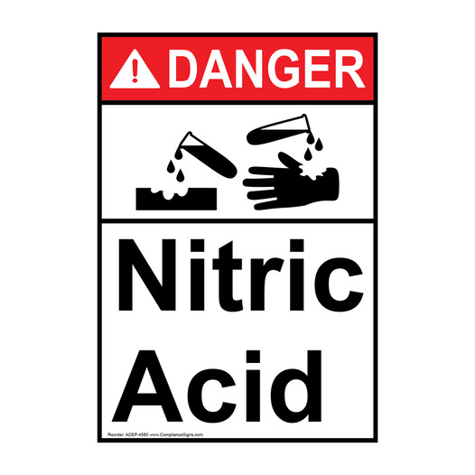 Portrait ANSI DANGER Nitric Acid Sign with Symbol ADEP-4580