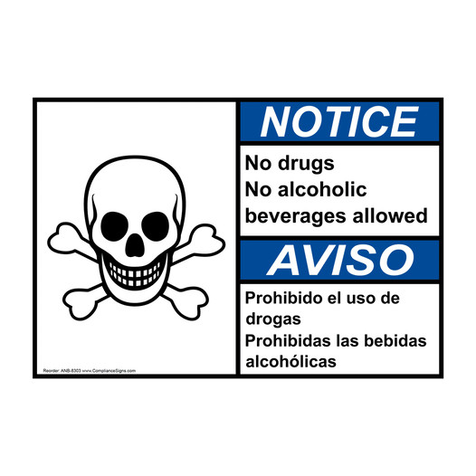 English + Spanish ANSI NOTICE No Drugs No Alcoholic Beverages Sign With Symbol ANB-8303
