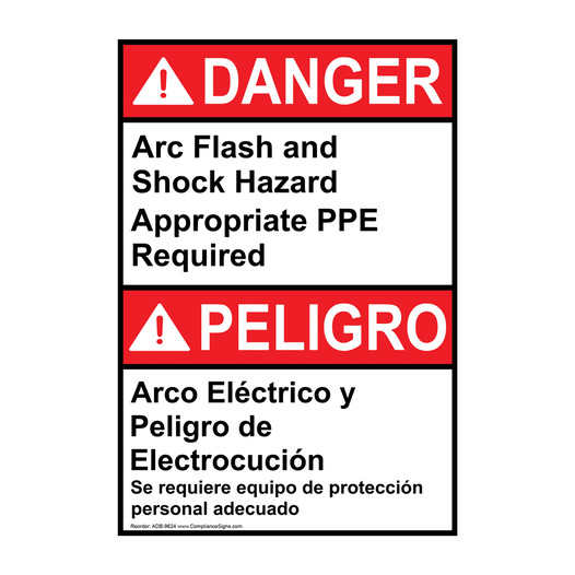 English + Spanish ANSI DANGER Arc Flash And Shock Hazard Sign ADB-9624