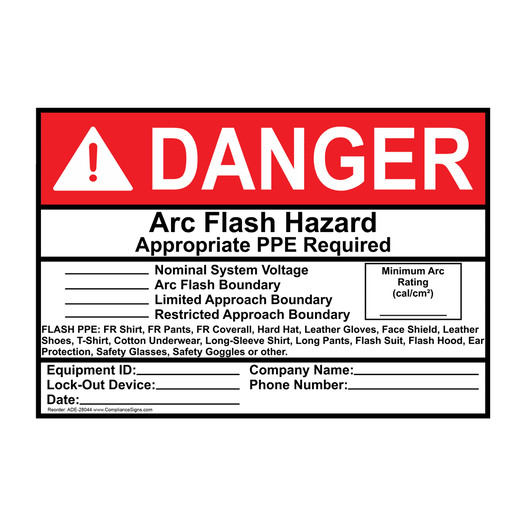 ANSI DANGER Arc Flash Hazard Appropriate PPE Required Sign ADE-28044