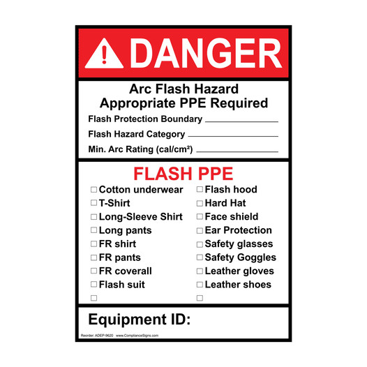 Portrait ANSI DANGER Arc Flash Hazard Appropriate PPE Require Sign ADEP-9620
