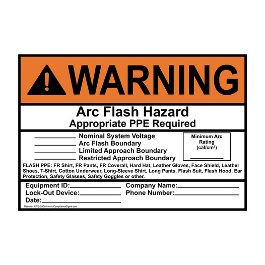 ANSI WARNING Arc Flash Hazard Appropriate PPE Required Sign AWE-28044