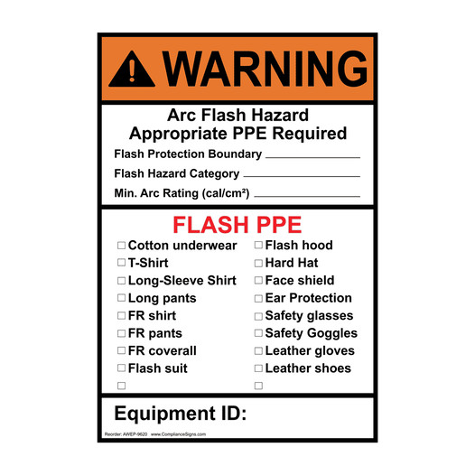 Portrait ANSI WARNING Arc Flash Hazard Appropriate PPE Require Sign AWEP-9620