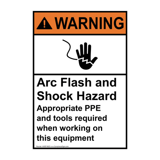 Portrait ANSI WARNING Arc Flash And Shock Hazard PPE Required Sign with Symbol