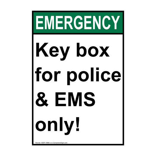 Portrait ANSI EMERGENCY Key Box For Police & EMS Only! Sign AEEP-19968