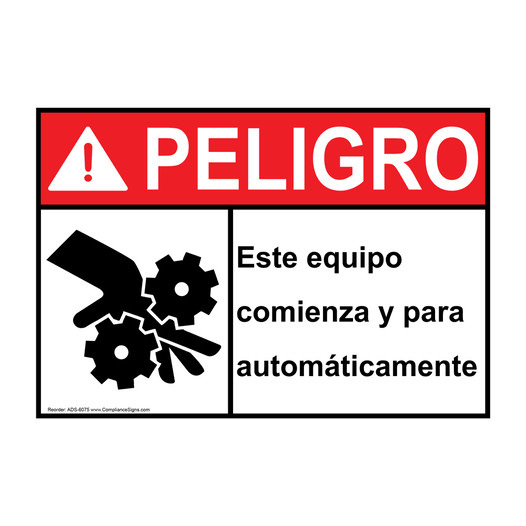Spanish ANSI DANGER Equipment Starts Stops Automatically Sign With Symbol ADS-6075