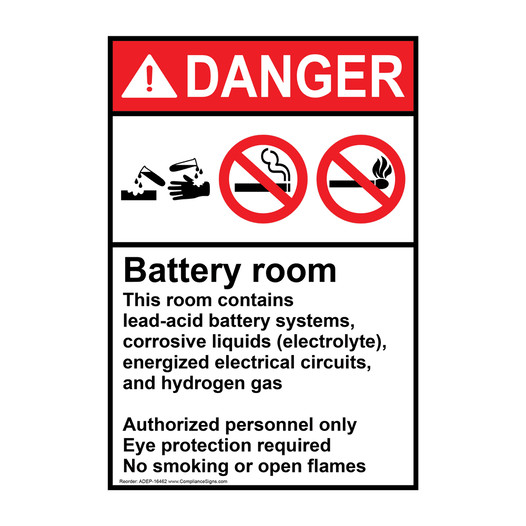 Portrait ANSI DANGER Battery room Sign with Symbol ADEP-16462