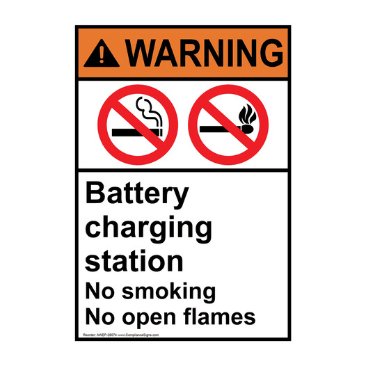 Portrait ANSI WARNING Battery charging station No smoking Sign with Symbol AWEP-28074