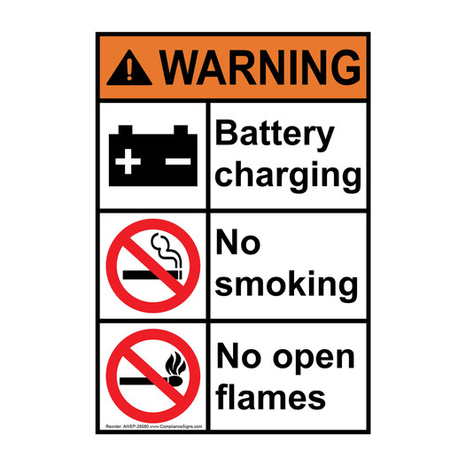 Portrait ANSI WARNING Battery charging No smoking No flames Sign with Symbol AWEP-28080