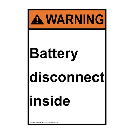 Portrait ANSI WARNING Battery disconnect inside Sign AWEP-28318