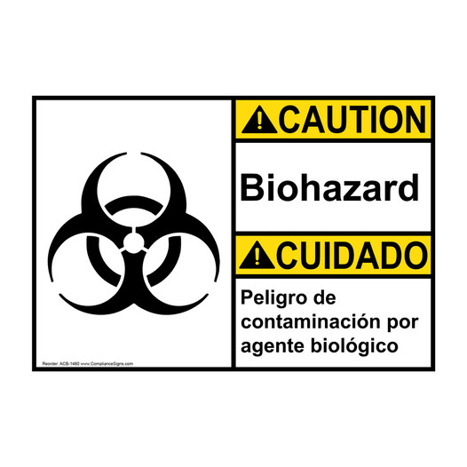 English + Spanish ANSI CAUTION Biohazard Sign With Symbol ACB-1460
