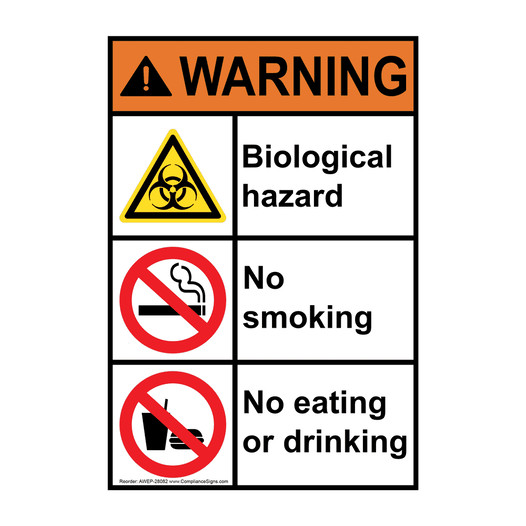 Portrait ANSI WARNING Biological hazard No smoking No eating Sign with Symbol AWEP-28082