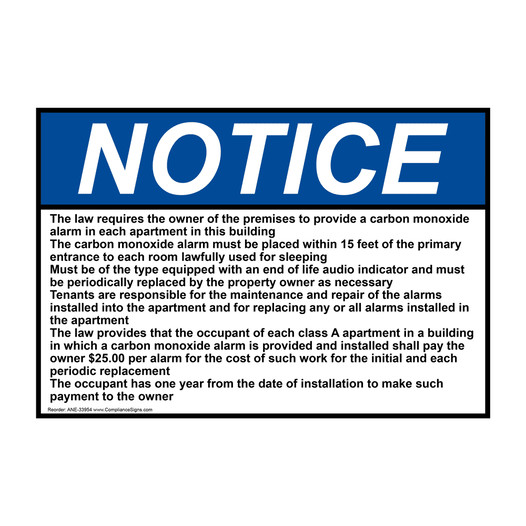 ANSI NOTICE The law requires the owner of the premises Sign ANE-33954