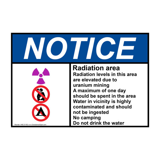 ANSI NOTICE Radiation area Radiation levels Sign with Symbol ANE-31192