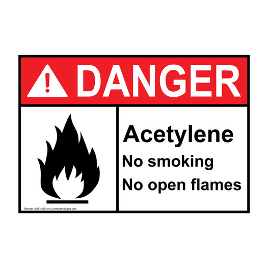 ANSI DANGER Acetylene No Smoking No Open Flames Sign with Symbol ADE-1090