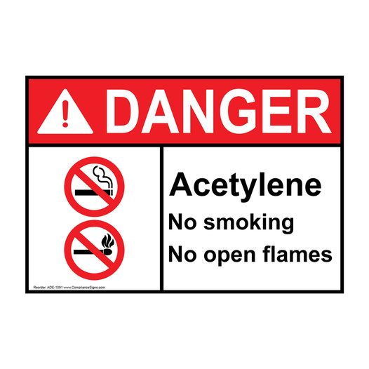 ANSI DANGER Acetylene No Smoking No Open Flames Sign with Symbol ADE-1091