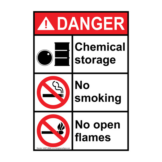 Portrait ANSI DANGER Chemical storage No smoking No flames Sign with Symbol ADEP-28084