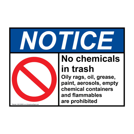 ANSI NOTICE No chemicals in trash Sign with Symbol ANE-26935