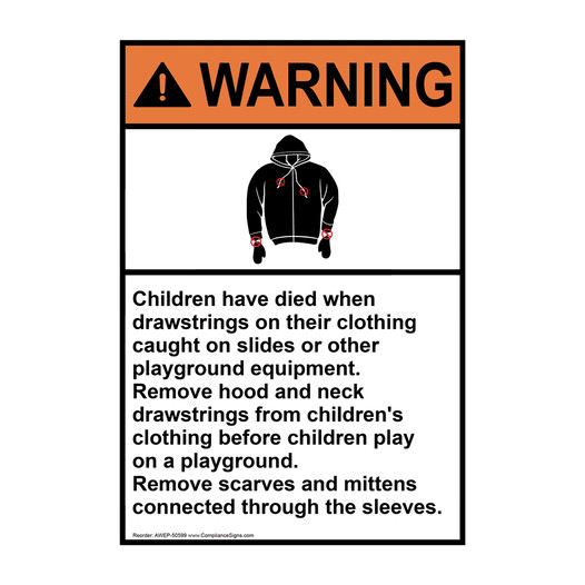 Portrait ANSI WARNING Child Drawstrings Warning Sign With Symbol AWEP-50599