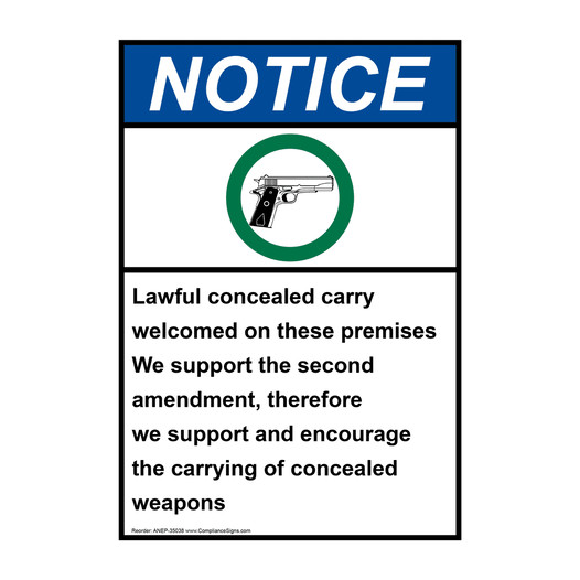 Portrait ANSI NOTICE Lawful concealed carry Sign with Symbol ANEP-35038