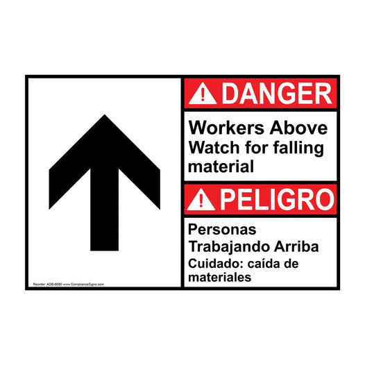 English + Spanish ANSI DANGER Workers Above Falling Material Sign With Symbol ADB-6680