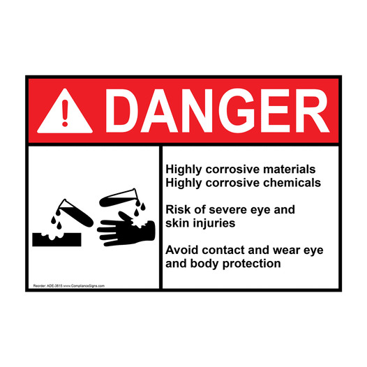 ANSI DANGER Highly corrosive materials Highly corrosive chemicals Sign with Symbol ADE-3815