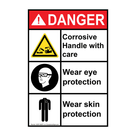 Portrait ANSI DANGER Corrosive Handle with care Wear PPE Sign with Symbol ADEP-28087